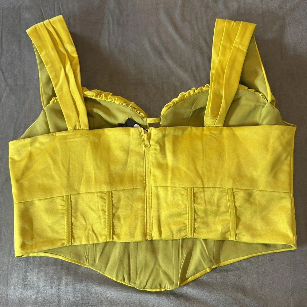 PrettyLittleThing Women Corset 16 Chartreuse Satin Ruched Bust Plus Zip Overbust